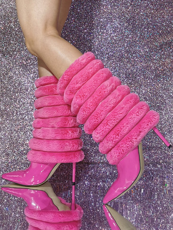 ローズレッド女性用パテントPUアッパーポインテッドトゥスティレットヒールミッドカーフブーツ