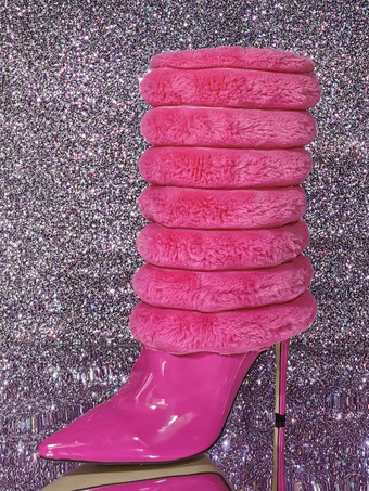 女性用パテントPUアッパーポインテッドトゥスティレットヒールミッドカーフブーツ