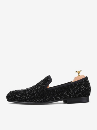 メンズ ブラック クリスタル スエード リベット ローファー スリッポン ラインストーン ラウンドトゥ プロム パーティー ウェディングシューズ