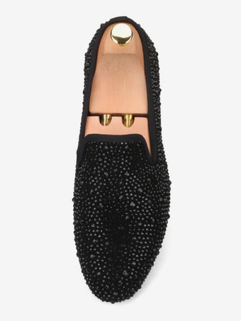 メンズ ブラック クリスタル スエード リベット ローファー スリッポン ラインストーン ラウンドトゥ プロム パーティー ウェディングシューズ