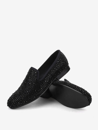 メンズ ブラック クリスタル スエード リベット ローファー スリッポン ラインストーン ラウンドトゥ プロム パーティー ウェディングシューズ