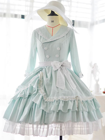 ライトグリーン エレガントロリータドレス ポリエステル 七分袖 フリル OPドレス ロリータドレス