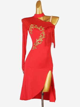Traje de baile latino Vestido rojo de licra de licra para mujer