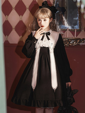 ゴシックロリータ ドレス フリル リボン クロス ブラック ブラック