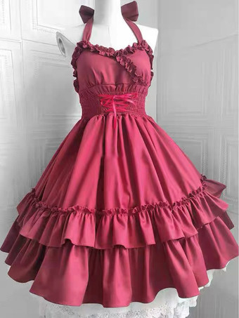 ワインレッド ハロウィン ゴスロリ ドレス フリル レースアップ ブラック ホワイト