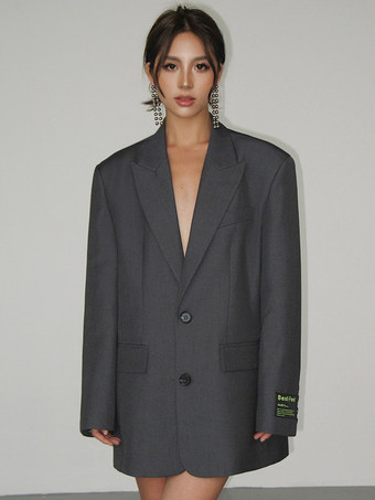 グレイレディース ブレザー ロング ボールドショルダー ラペル ボタン アウターウェア