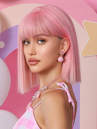 ミディアムウィッグ ピンクバングス レーヨン合成ウィッグ 女性用