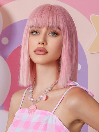 ミディアムウィッグ ピンクバングス レーヨン合成ウィッグ 女性用