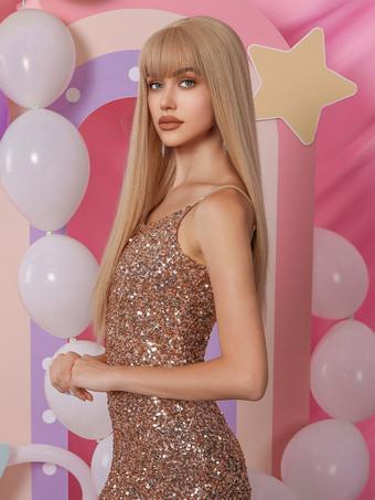 Parrucca lunga Barbie Parrucche sintetiche da donna in rayon con frange  smussate oro chiaro - Milanoo.com