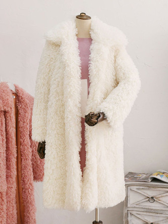 ホワイト フェイクファーコート ターンダウンカラー 環境に優しいロングジャケット レディース 2025