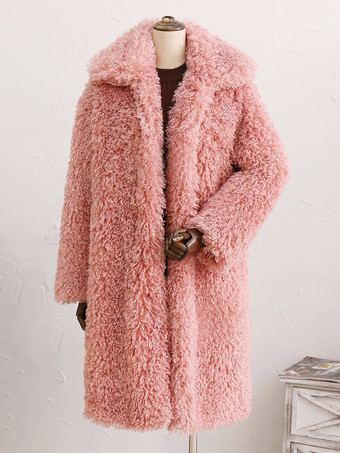 Faux Fur Coats Long Sleeves Casual Faux Fur Coat Oversized Turndown Collar Pink Winter Coat