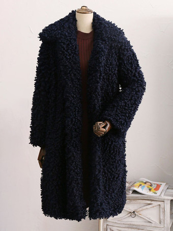 ダークネイビーフェイクファーコート ターンダウンカラー 環境に優しいロングジャケット レディース 2025