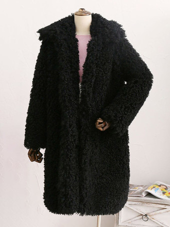 ブラック フェイクファーコート ターンダウンカラー 環境に優しいロングジャケット レディース 2025