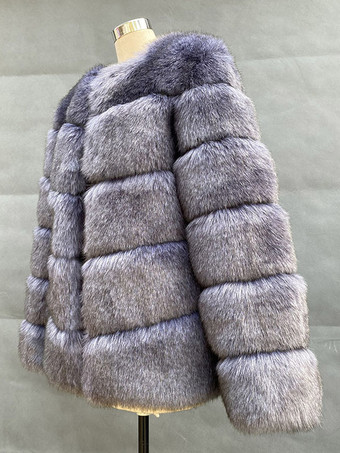 ダークグレー フェイクファーショートコート 冬 エコフレンドリー ファージャケット レディース 2025