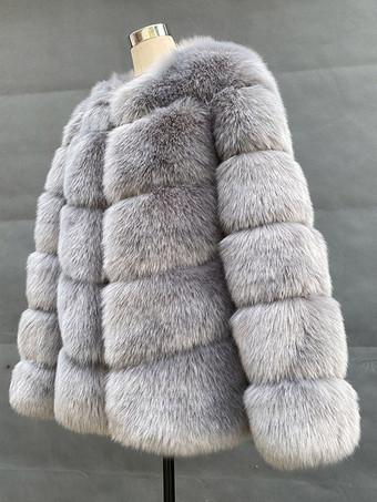 グレイフェイクファーショートコート 冬 エコフレンドリー ファージャケット レディース 2025