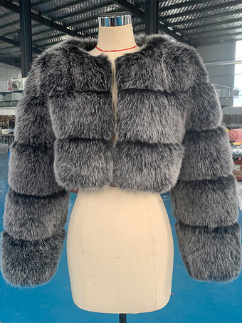 ブラック フェイクファー クロップドコート クルーネック 環境に優しい 冬用 ショートジャケット レディース 2025