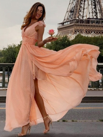 Pintuck Maxi Dress V-Neck Sleeveless High-Slit Prom Dresses