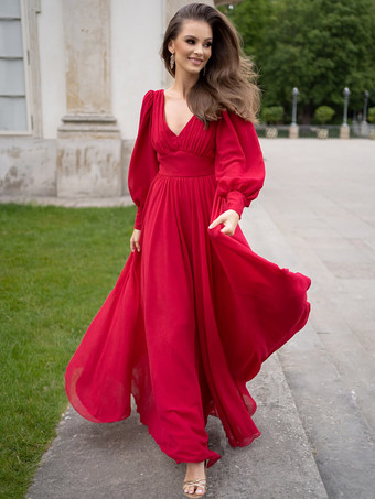 Vネック マキシドレス Vネック プリーツ Aライン ランタンスリーブ プロムドレス