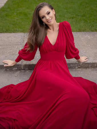 Vネック マキシドレス Vネック プリーツ Aライン ランタンスリーブ プロムドレス