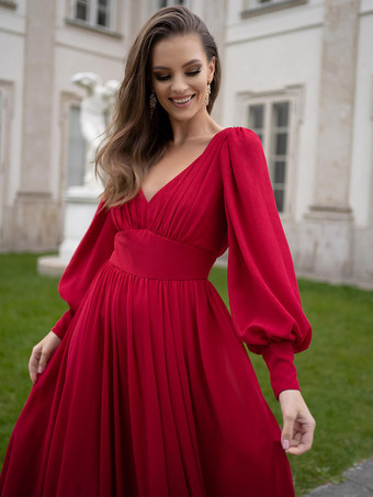 Vネック マキシドレス Vネック プリーツ Aライン ランタンスリーブ プロムドレス