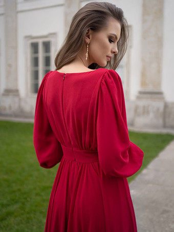 Vネック マキシドレス Vネック プリーツ Aライン ランタンスリーブ プロムドレス