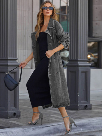 ブラック 延縄デニムコート ダブルブレストベルト付き女性アウターウェア