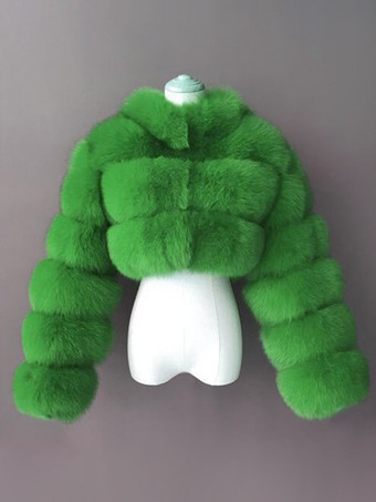 グリーン フェイクファーコート エコフレンドリー 冬用 プラッシュ クロップドジャケット レディース 2025