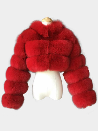 レッド フェイクファーコート エコフレンドリー 冬用 プラッシュ クロップドジャケット レディース 2025