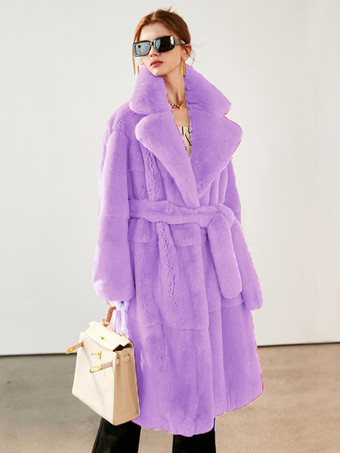 パープル フェイクファーロングコート ノッチラペル ベルト付き 冬用 エコフレンドリー ジャケット レディース 2025