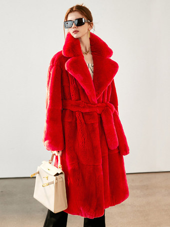 Faux Fur Coat Collared Belted Longline Winter Outerwear For Women