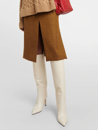 ホワイト ニーハイ ブーツ ポインテッドトゥ ハイヒール ワイド カーフ ブーツ