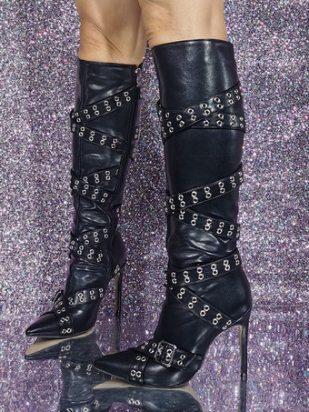 ブラック ニーハイ ブーツ ポインテッドトゥ バックル ディテール ハイヒール ブーツ