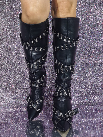 ブラック ニーハイ ブーツ ポインテッドトゥ バックル ディテール ハイヒール ブーツ