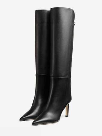 ブラック ホワイト ニーハイ ブーツ ポインテッドトゥ ハイヒール ワイド カーフ ブーツ