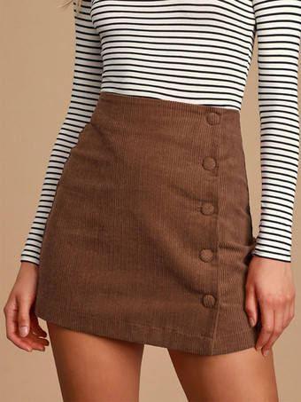Corduroy Skirt Buttons Solid Color A-Line Fall Winter Skirts