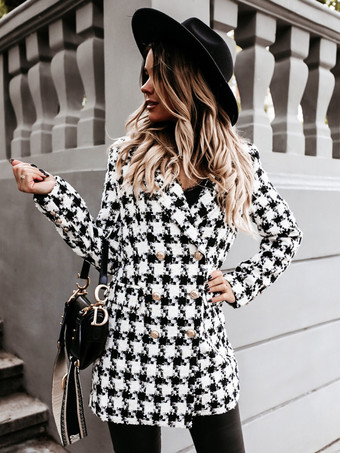 Plaid Coat Padded Shoulder Lapel Double Breast Fall Winter Outerwear