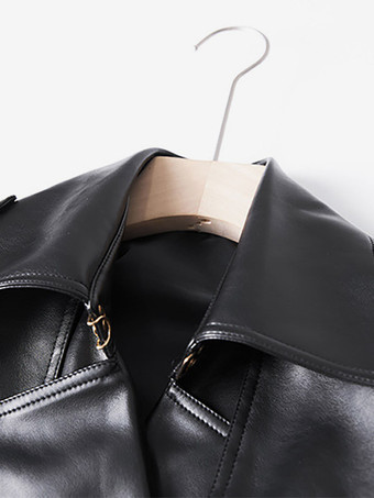 トレンチコート ノッチドラペル ダブルブレスト ベルト付き PUレザー アウターウェア