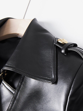 トレンチコート ノッチドラペル ダブルブレスト ベルト付き PUレザー アウターウェア