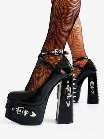 Sapatos femininos sexy de salto alto com detalhe de metal preto Lpunk