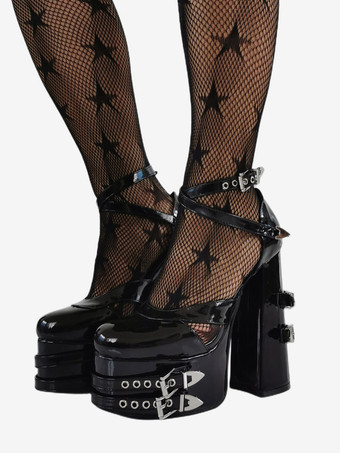 Black Sexy High Heels Patent PU Metail Detail Punk Pumps