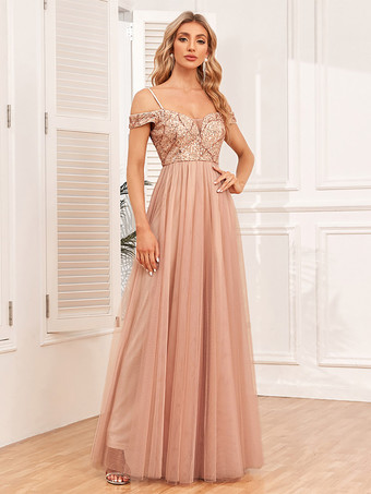 Aラインドレス スパゲッティストラップ バックレス スパンコール プロム マキシドレス