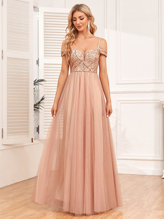 Aラインドレス スパゲッティストラップ バックレス スパンコール プロム マキシドレス