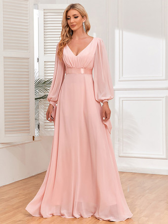 ソフトピンクのエレガントなドレス、ランタンスリーブ、Vネック、バックレス、プリーツ、プロムマキシドレス