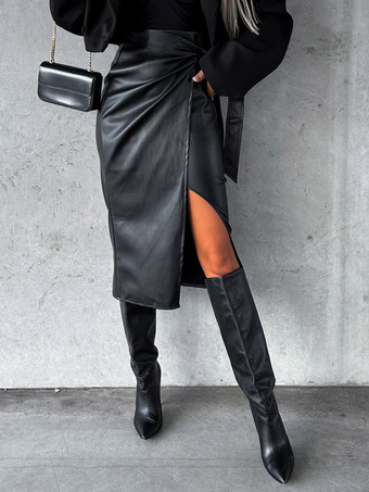 蝶ネクタイスカート ハイウエスト ブラック PU レザー秋冬女性ボトムス