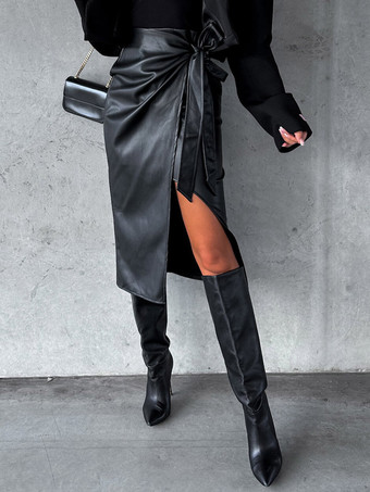 蝶ネクタイスカート ハイウエスト ブラック PU レザー秋冬女性ボトムス