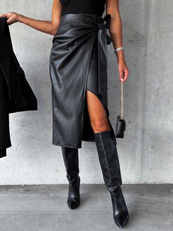 蝶ネクタイスカート ハイウエスト ブラック PU レザー秋冬女性ボトムス