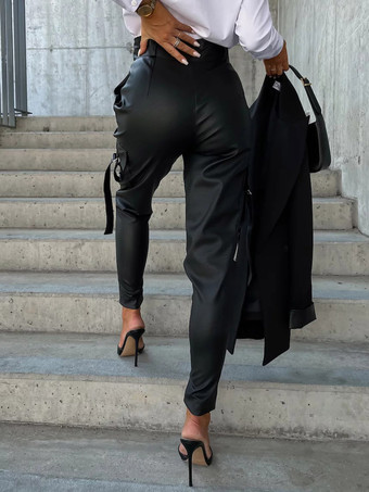 女性のためのPUレザーパンツハイウエストジッパーボタンズボン