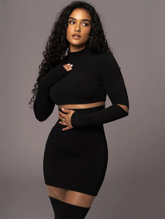 メッシュ パッチワーク ドレス 長袖 シースルー パーティー ボディコン ドレス