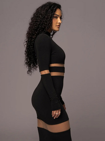 メッシュ パッチワーク ドレス 長袖 シースルー パーティー ボディコン ドレス