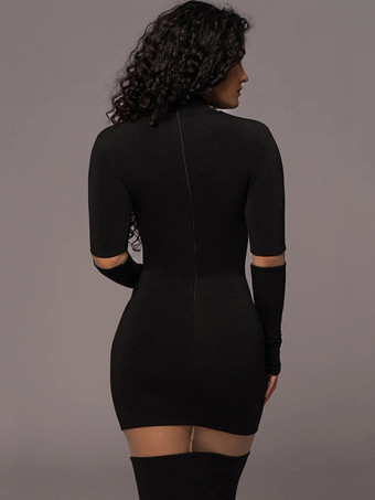 メッシュ パッチワーク ドレス 長袖 シースルー パーティー ボディコン ドレス